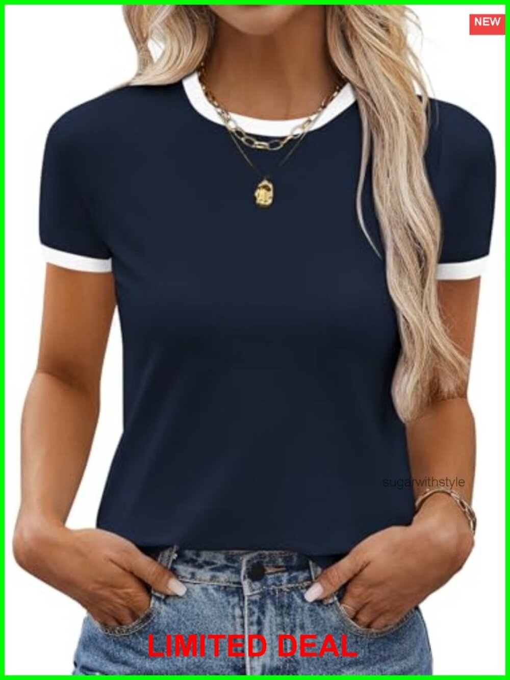 Womens Ringer Tee Short Sleeve T Shirt Cotton Blend Retro Fitted